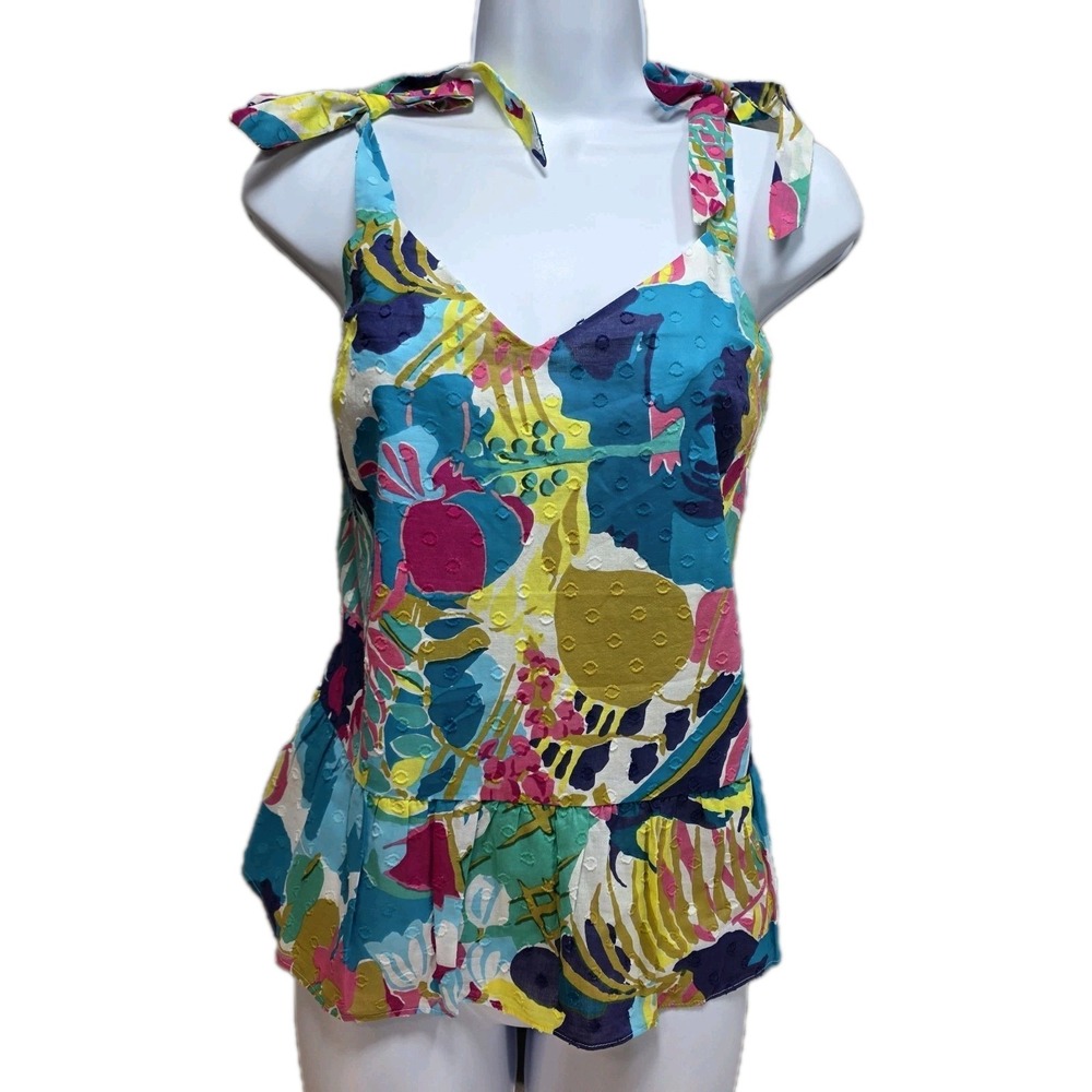 J Crew Tie Shoulder Peplum Tank Top Womens 8 Seaside Floral Print Beach Resort